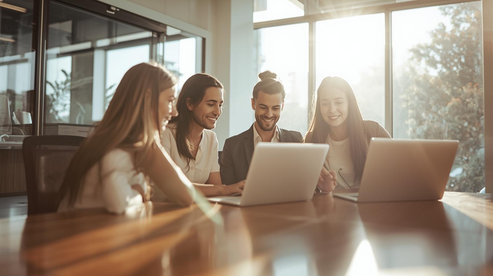 Small business team collaborates around laptops in bright modern office with sunlight.