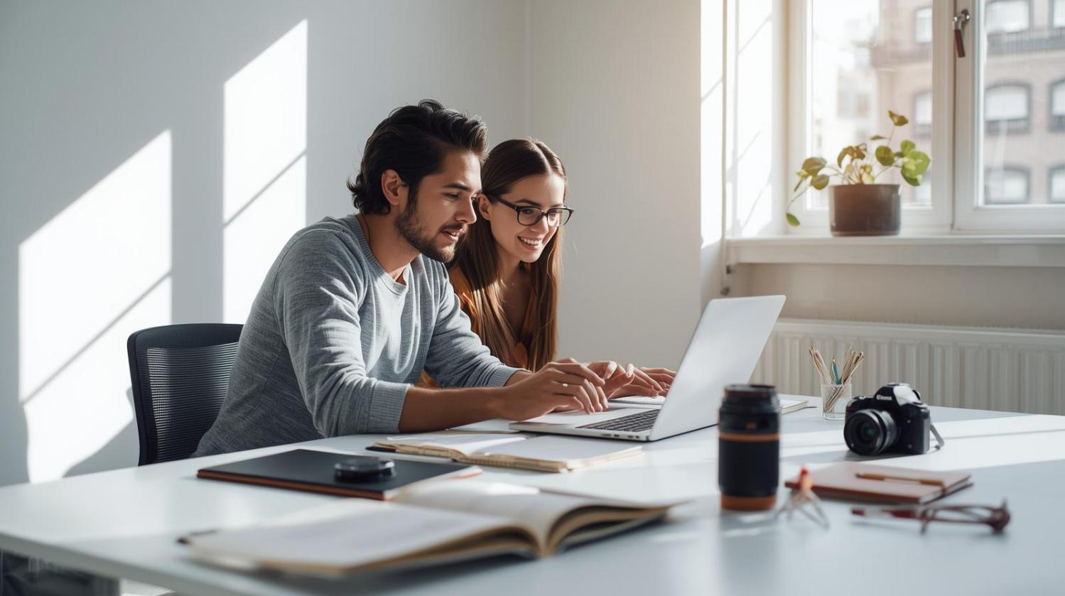 Two coworkers collaborate cheerfully in a bright office workspace with creative materials.